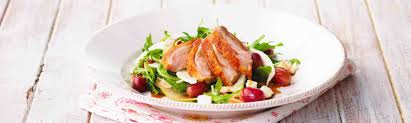 Warm Alfresco Duck Salad with pear, red grapes and fetta